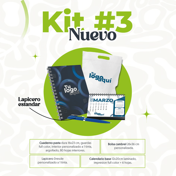 KIT 3 | CUADERNO CUADERNO 16X23, LAPICERO DRESDE, CALENDARIO BASE + 6 HOJAS