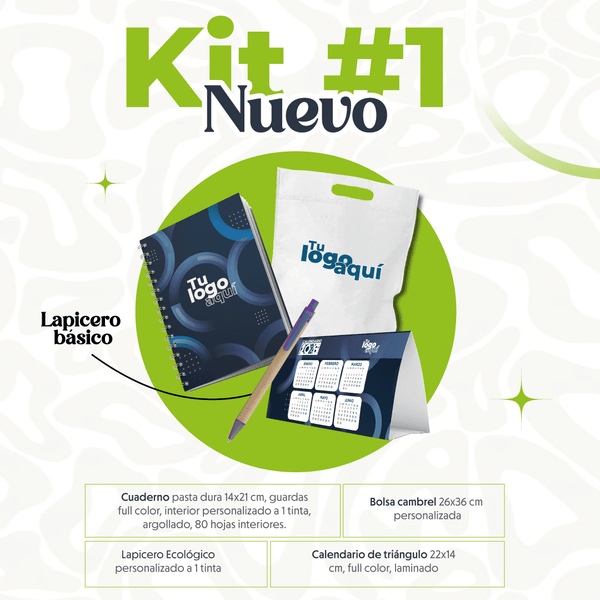 KIT 1 | CUADERNO – LAPICERO ECOLÓGICO – CALENDARIO DE TRIÁNGULO – BOLSA CAMBREL